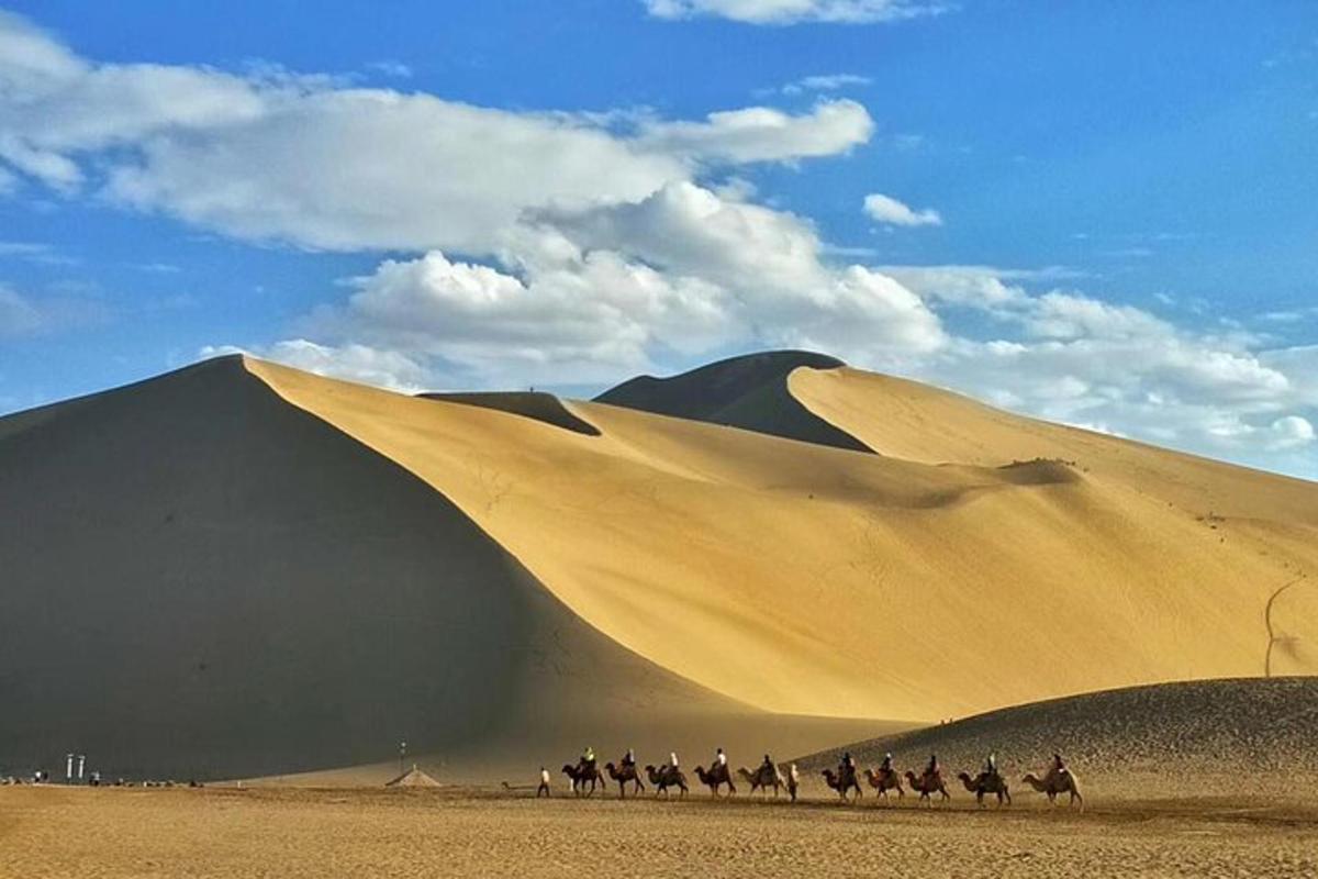 a group of people riding horses in the desert