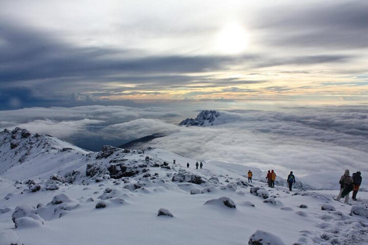 um grupo de pessoas subindo uma montanha coberta de neve