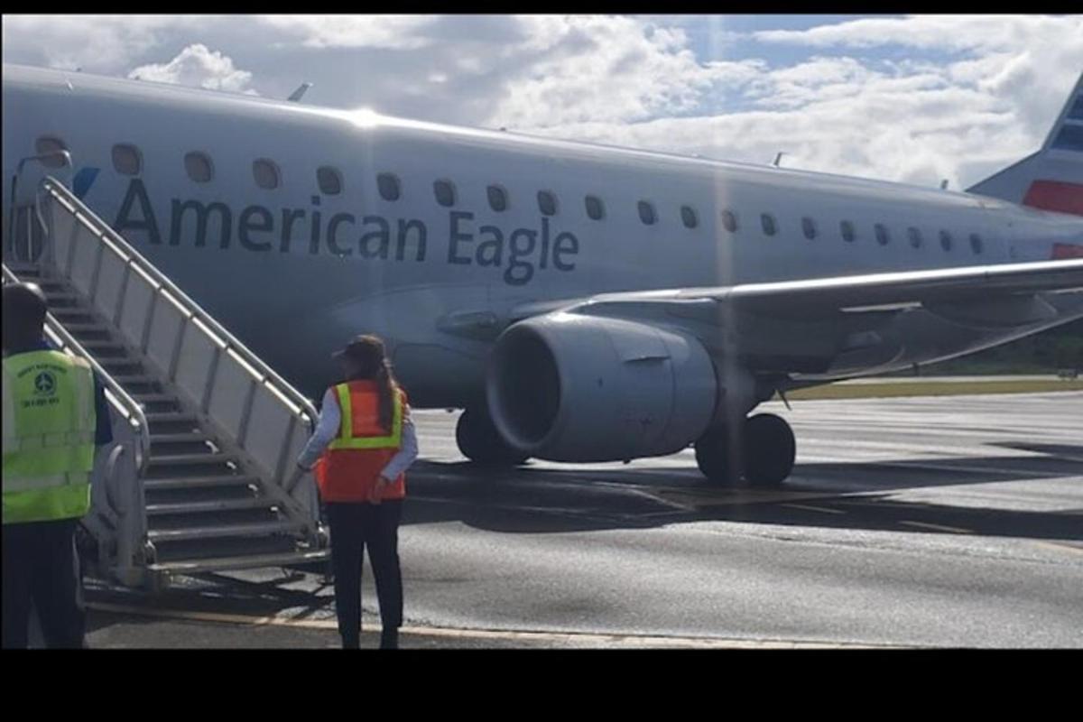 Kona stendur við hliðina á flugvél frá American Eagle