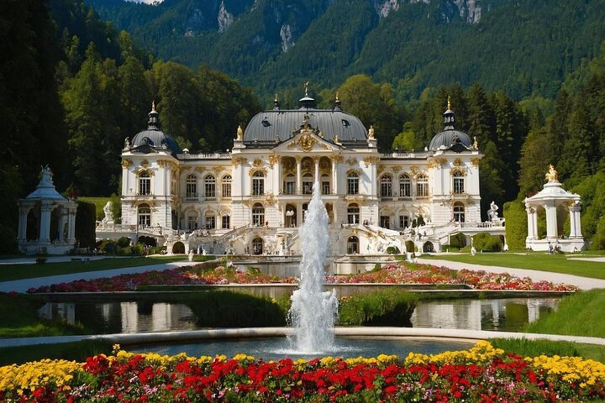 una grande villa con una fontana di fronte