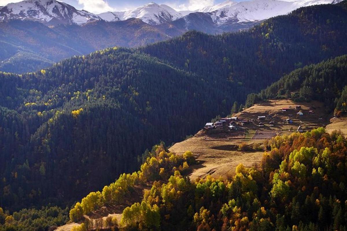 un piccolo villaggio su una collina in montagna