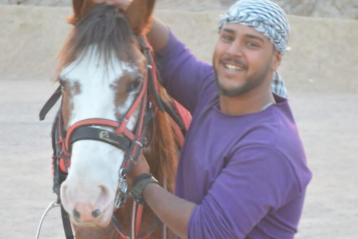 Un hombre de pie junto a un caballo marrón y blanco.