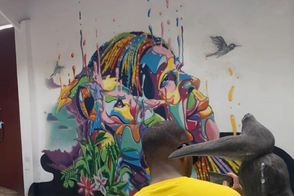 muž maluje na zeď nástěnnou malbu