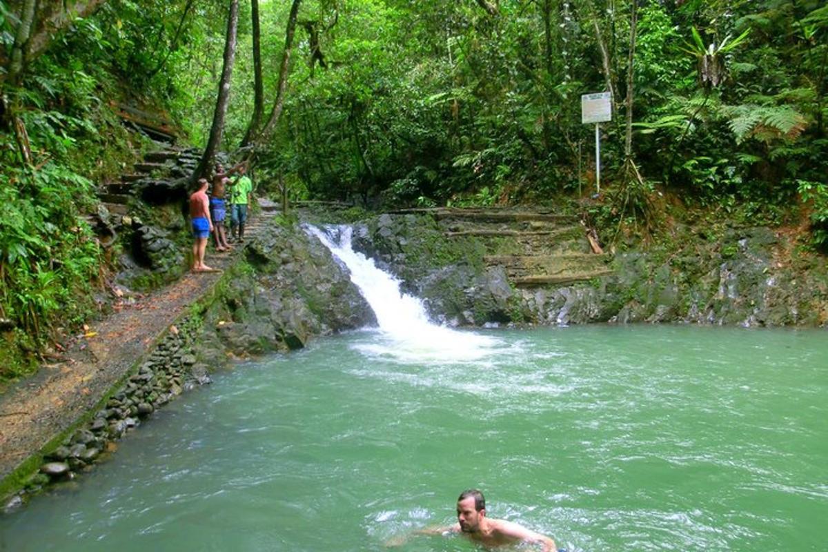 a man swimming in a river in front of a waterfall