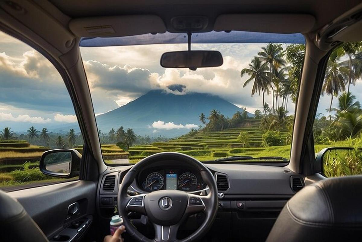 a view of a car with a view of a mountain