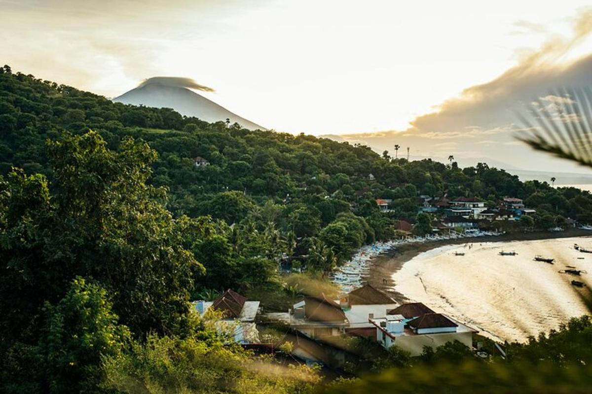 a view of a beach with houses and a mountain