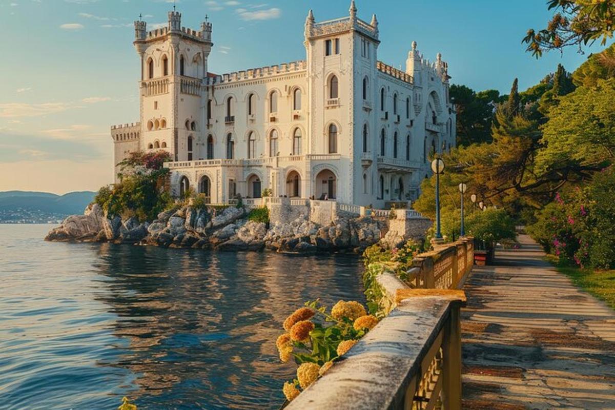 un gran edifici blanc a la vora d'una massa d'aigua
