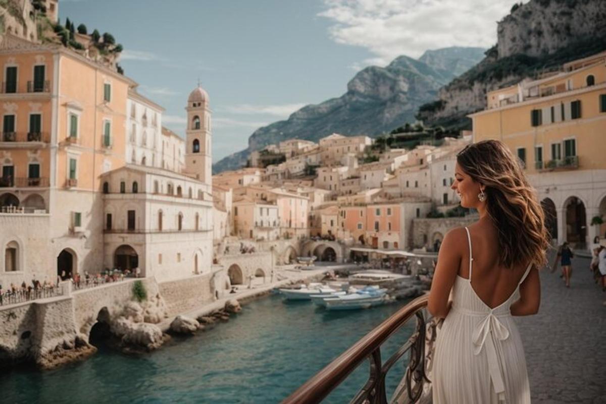 eine Frau in einem weißen Kleid steht auf einem Balkon mit Blick auf einen Fluss