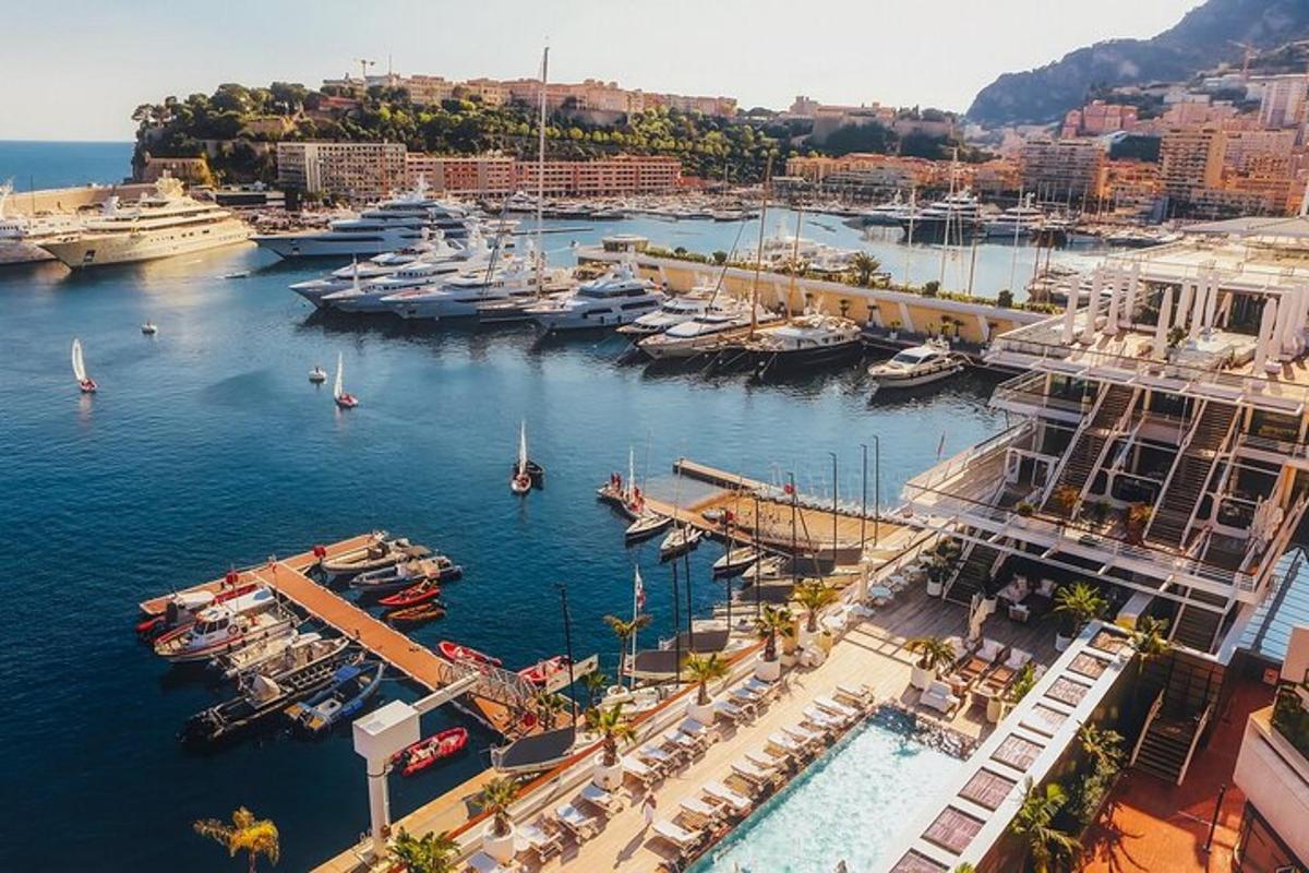an aerial view of a marina with boats in the water