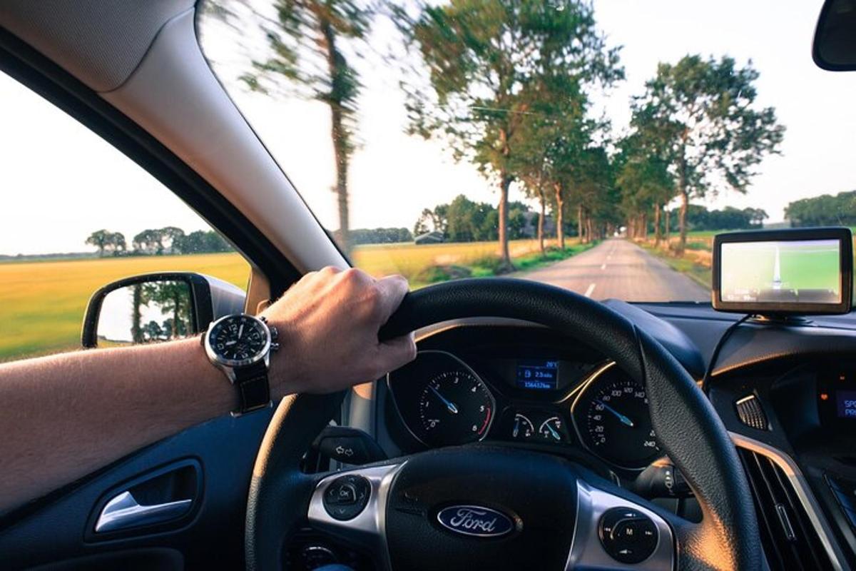 una persona che guida un'auto su una strada