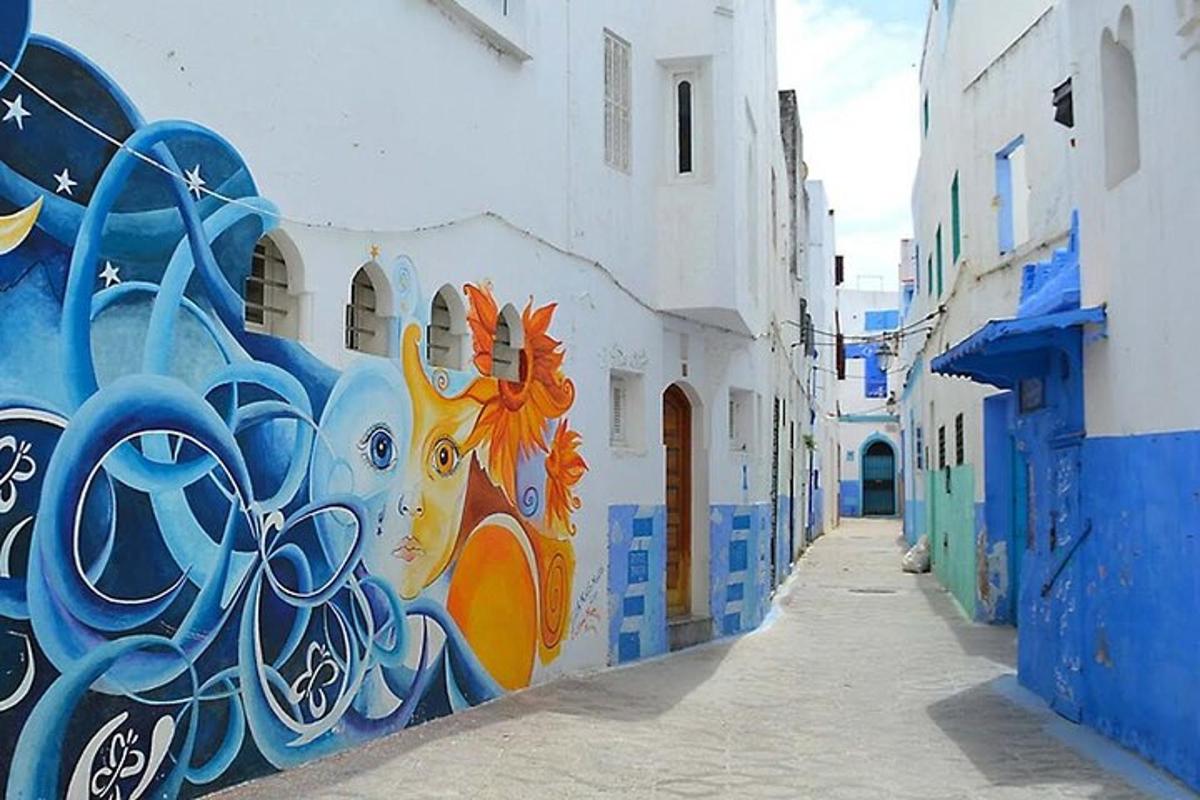 a blue and white wall with a mural on a alley