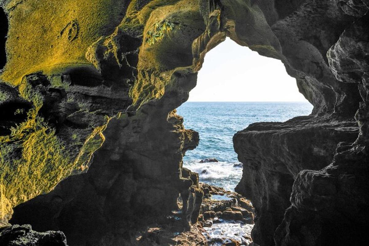 une grotte sur la plage avec l'océan en arrière-plan