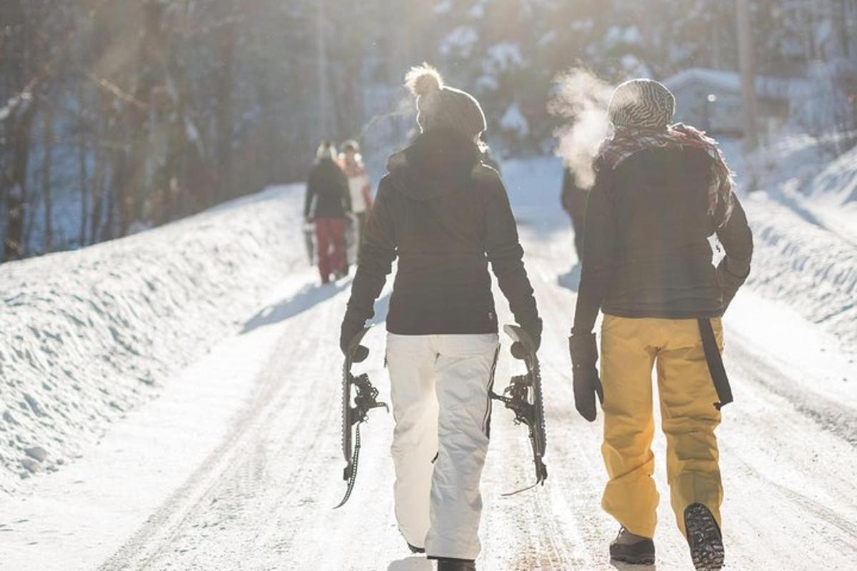 dues persones caminant per una carretera nevada amb esquís