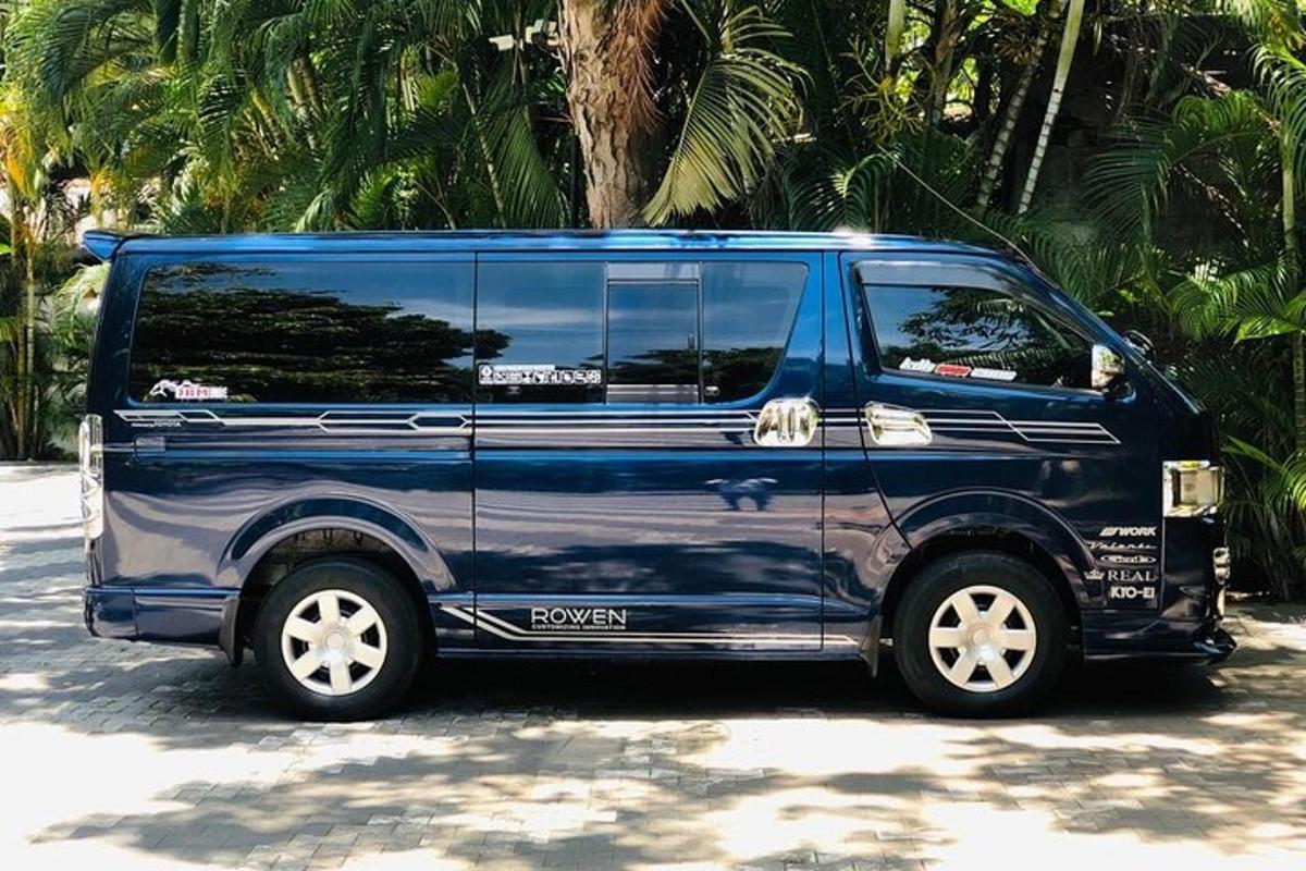 a blue van parked on a street with palm trees