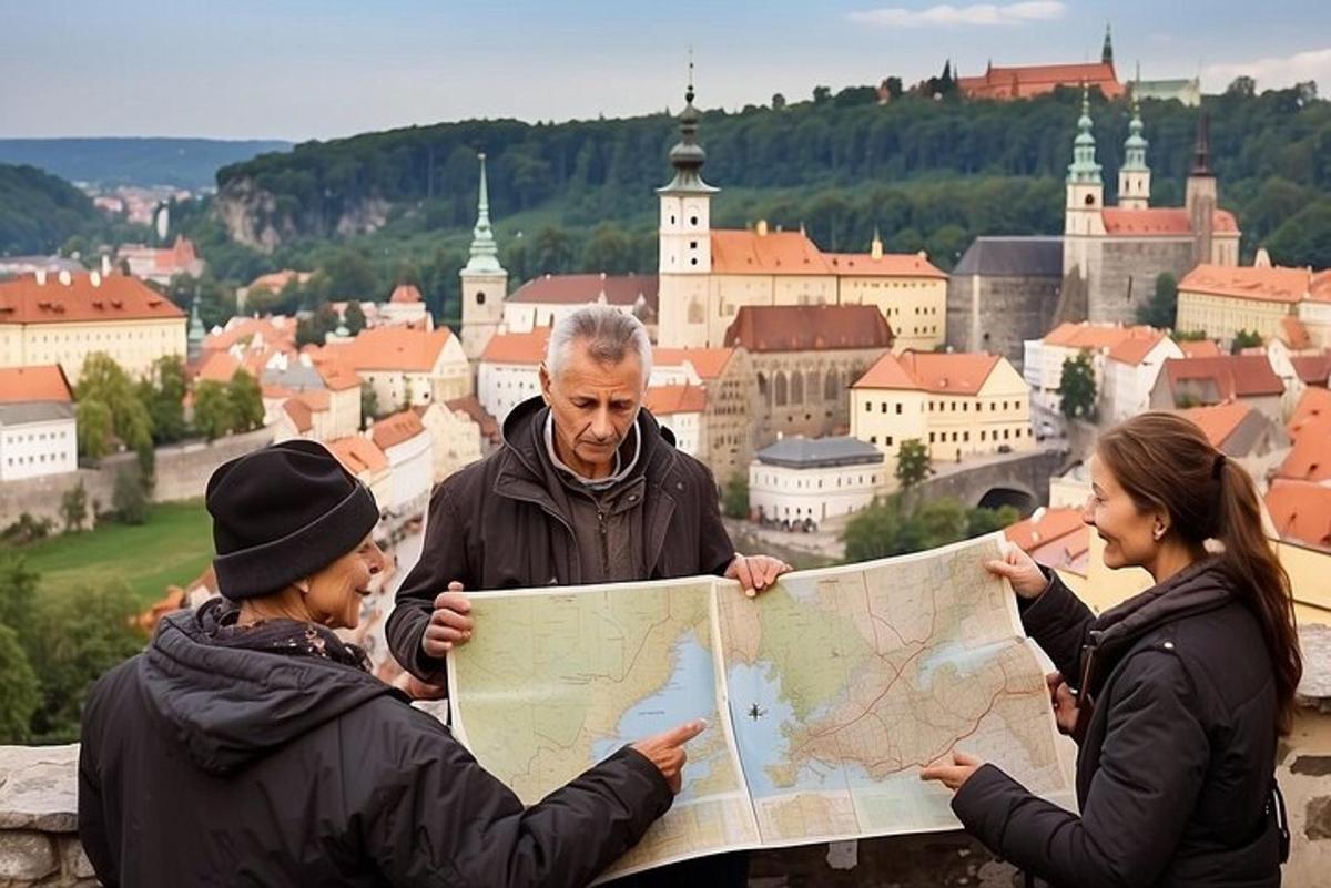 tre persone che guardano una mappa di fronte a una città