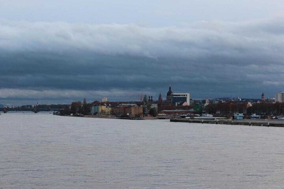 una vista di un fiume con una città sullo sfondo