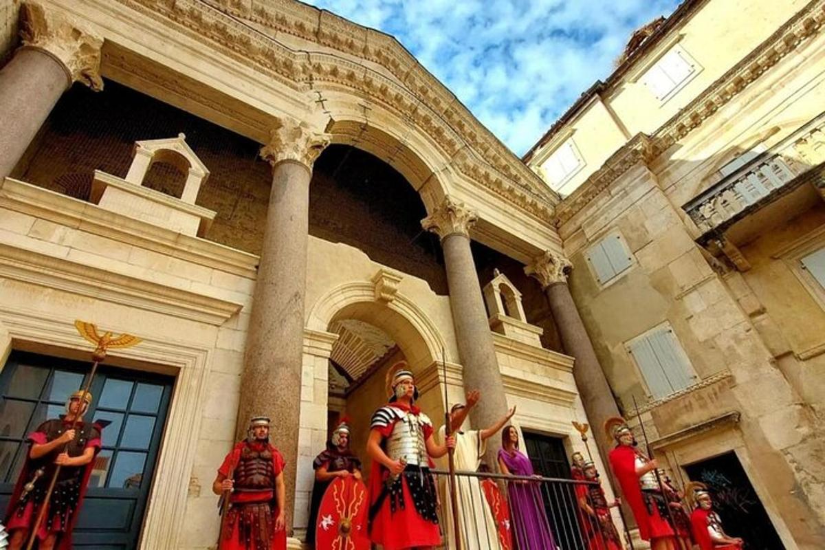a group of people standing in front of a building