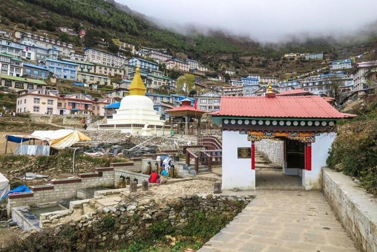 a buddhist temple in a village with a mountain