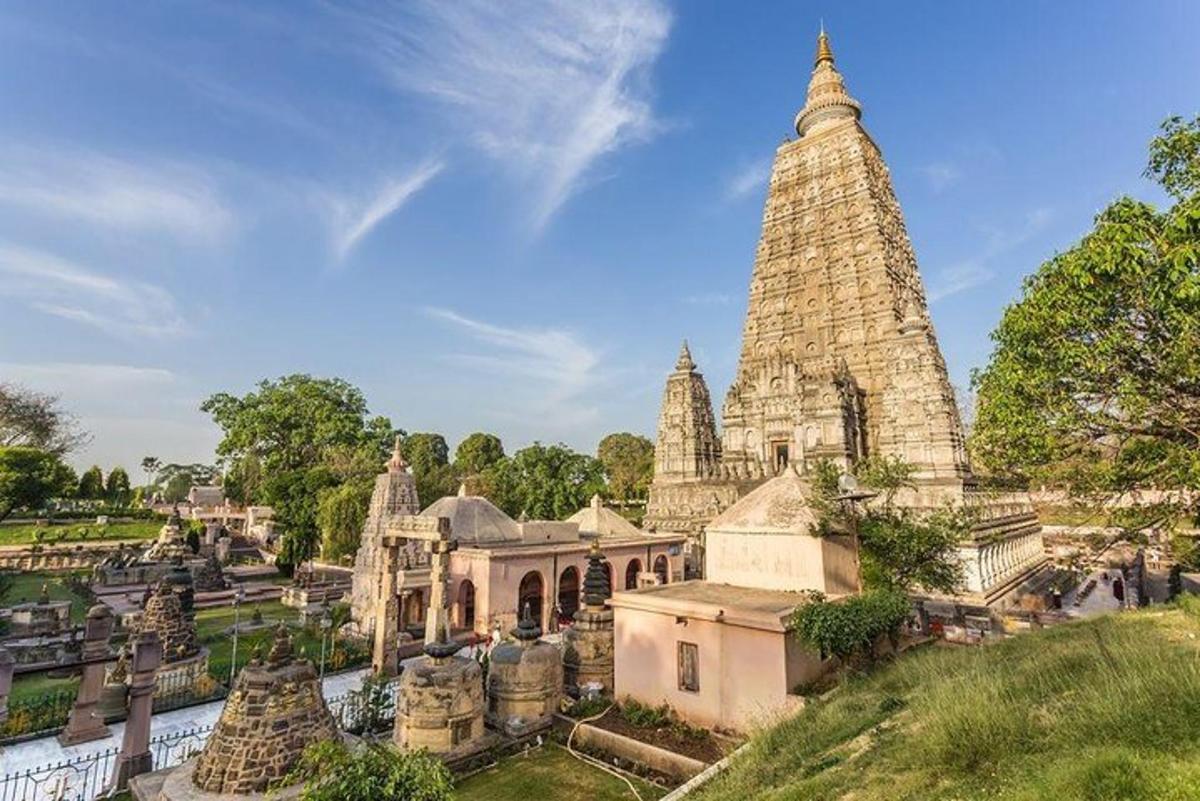 a view of a temple and a tall tower