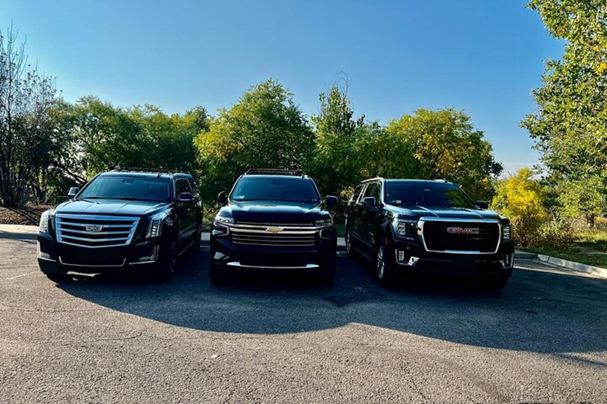 two trucks are parked in a parking lot