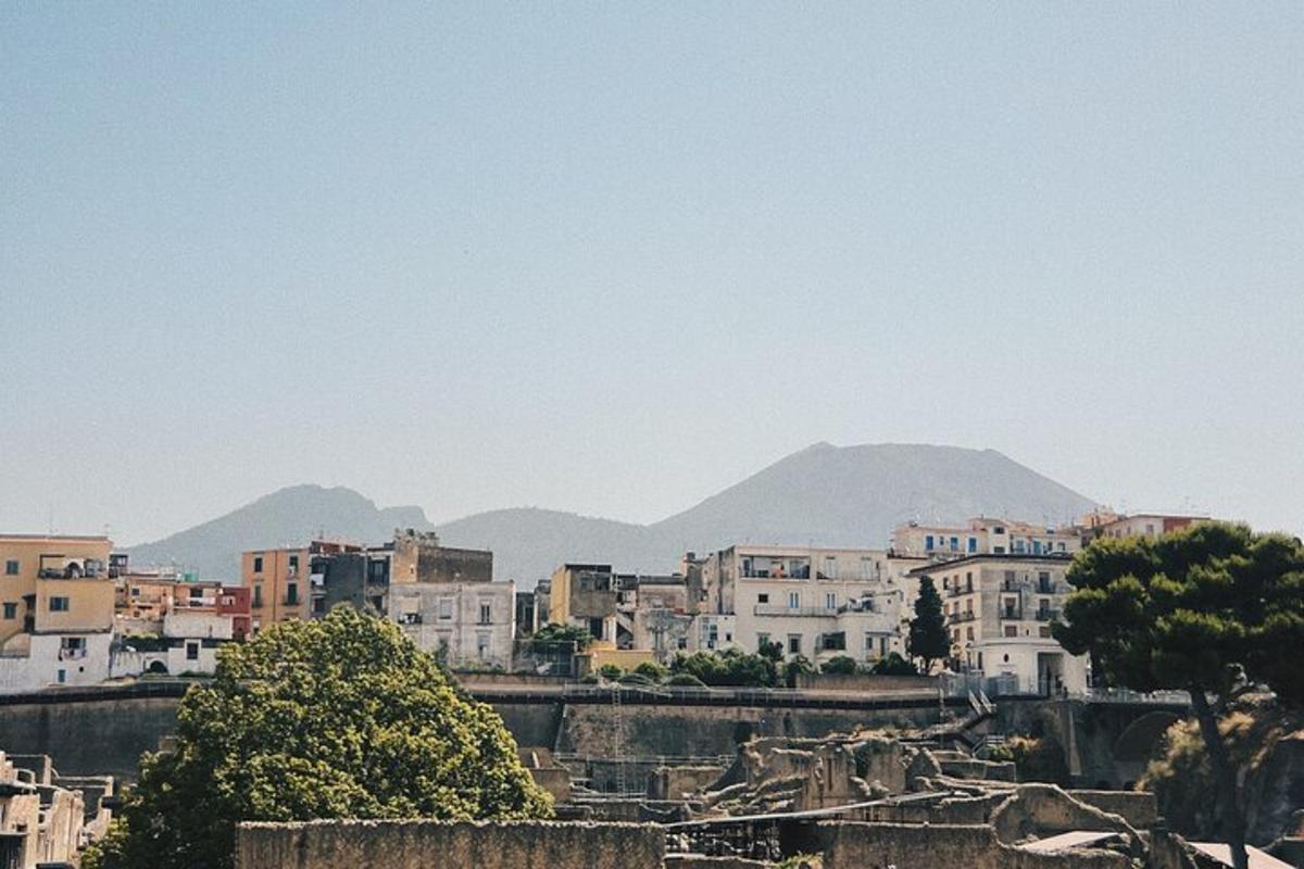 a city with buildings and mountains in the background