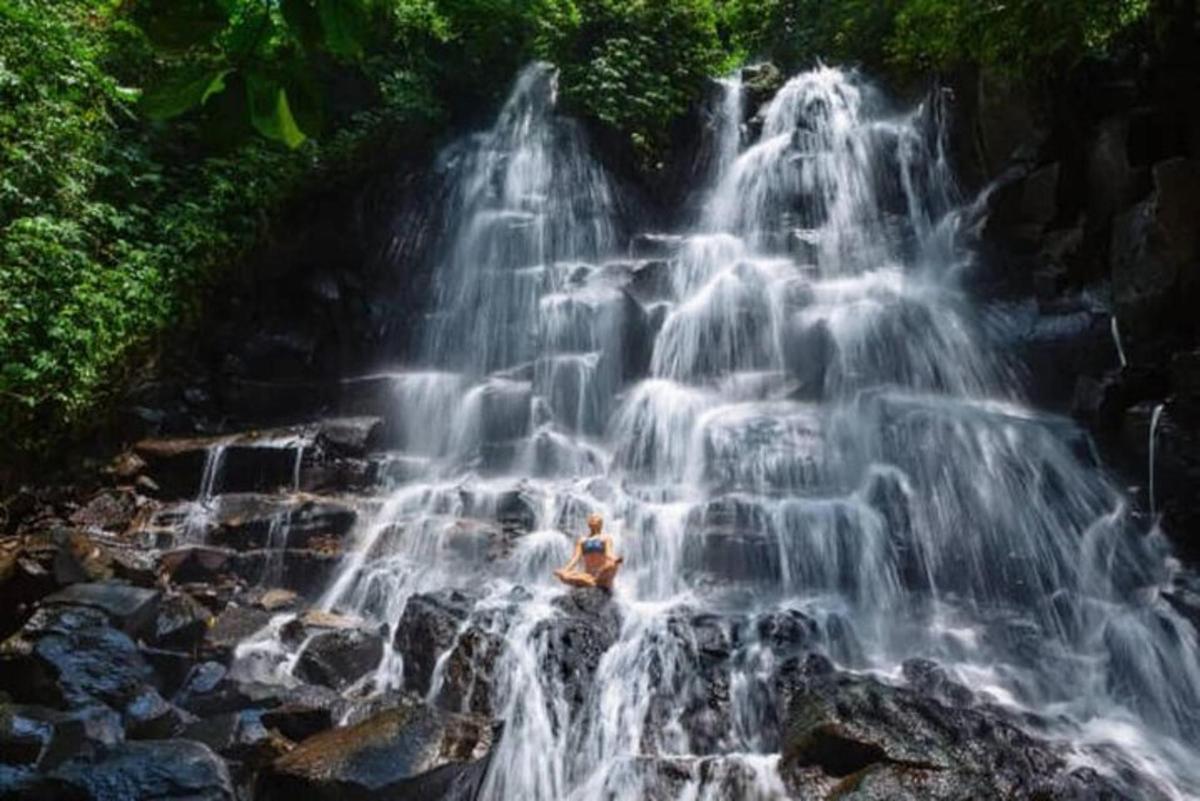 una persona seduta su una roccia di fronte a una cascata
