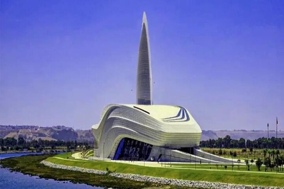 un rendering di un edificio con un obelisco