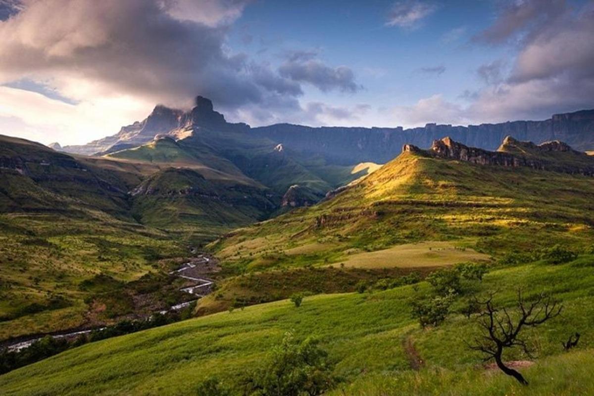 uma vista de um vale verde com uma montanha