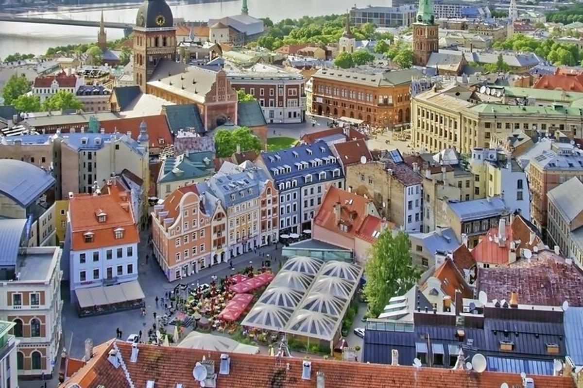 an overhead view of a city with buildings