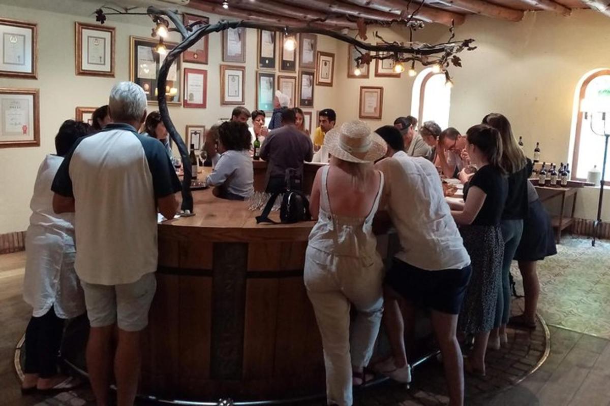 hópur fólks stendur í kringum bar
