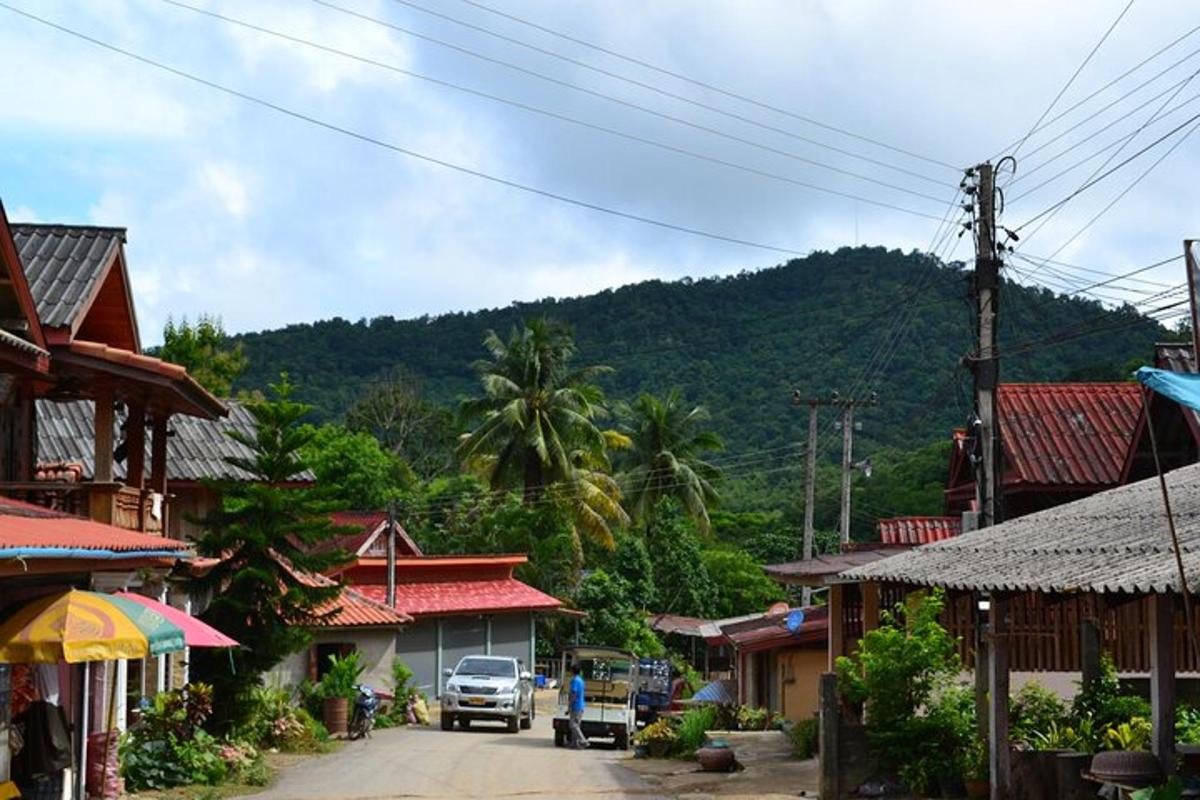 a street in a village with a mountain