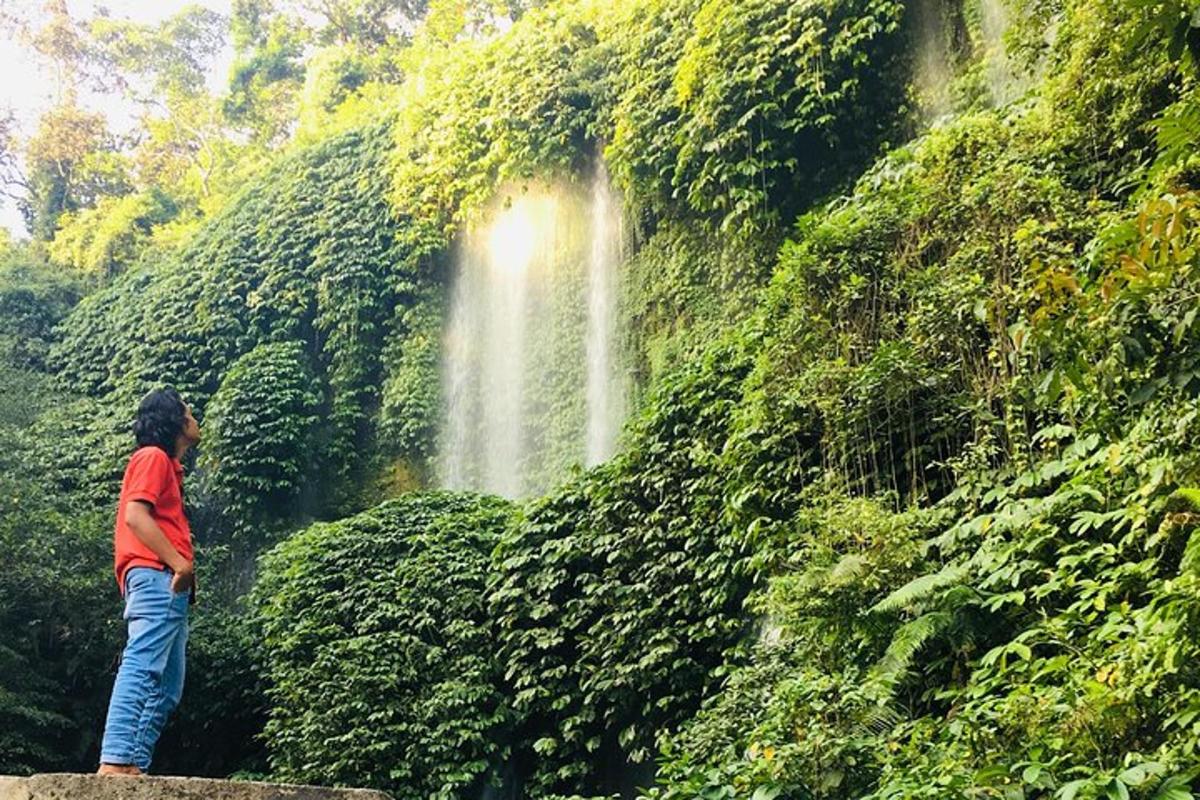 a woman standing in front of a waterfall