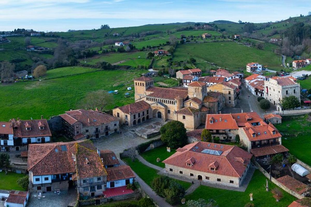 an aerial view of a village with houses and trees