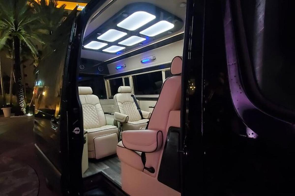 prázdný autobus s bílými sedadly a palmou