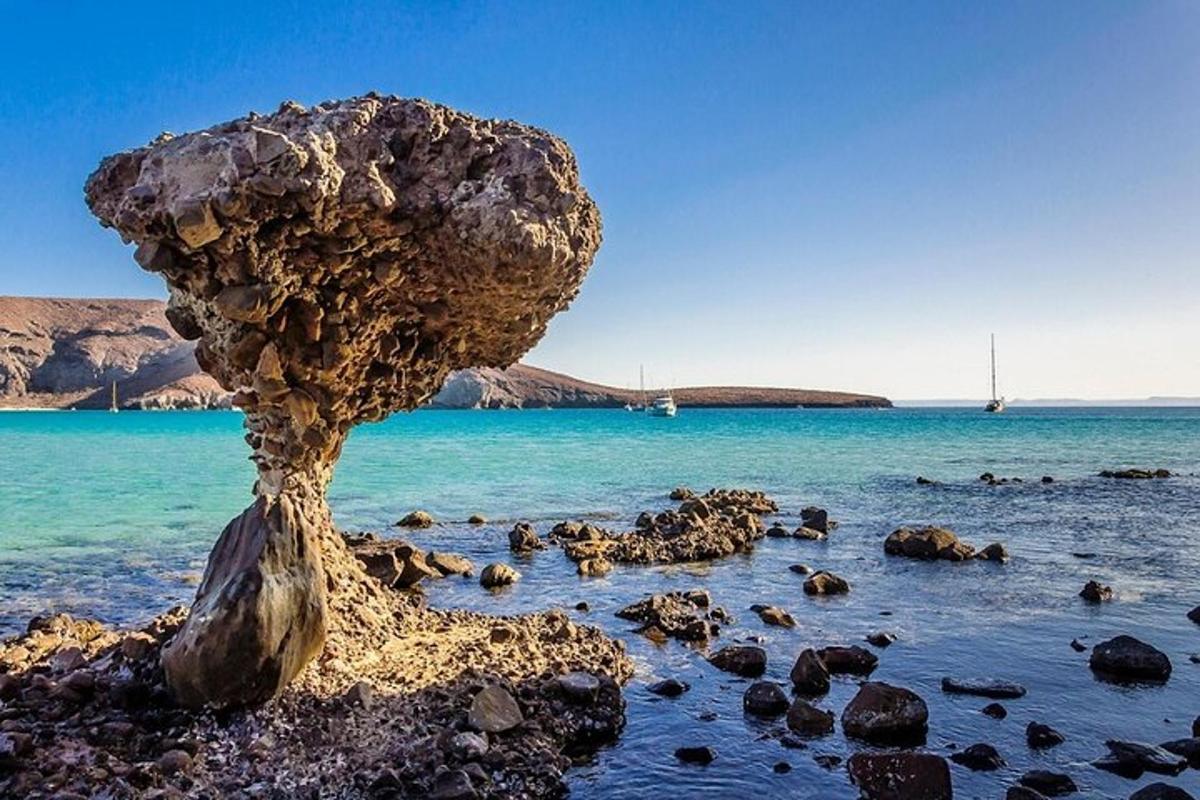 uma formação rochosa na costa de uma praia