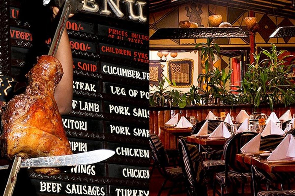 Una persona sosteniendo un cuchillo en un restaurante con mesas.
