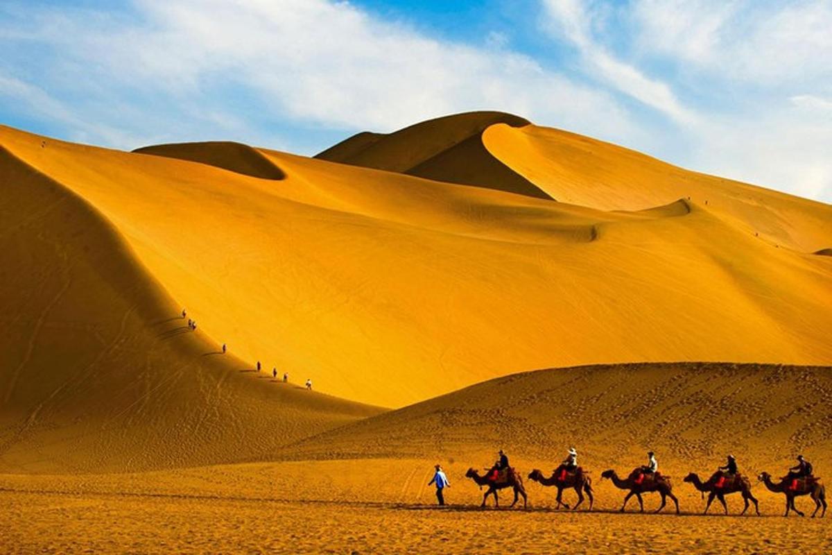 a group of people riding horses in the desert