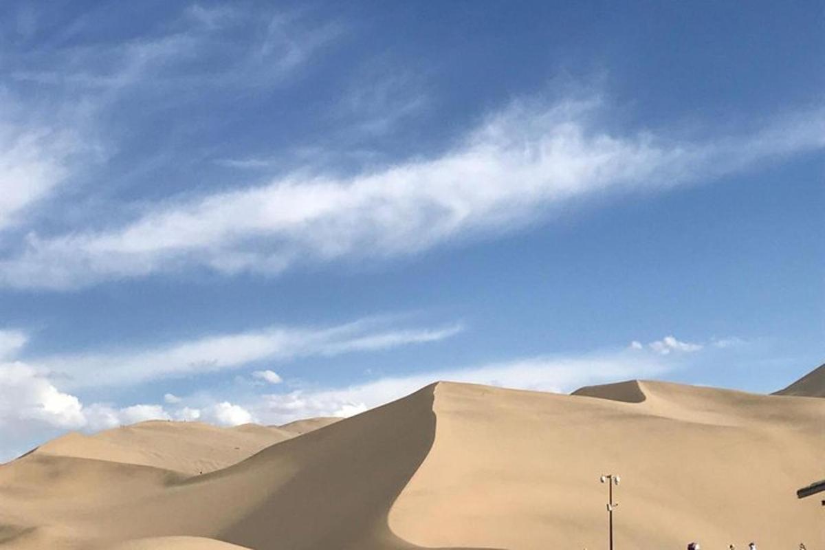 a group of people standing on top of a sand dune