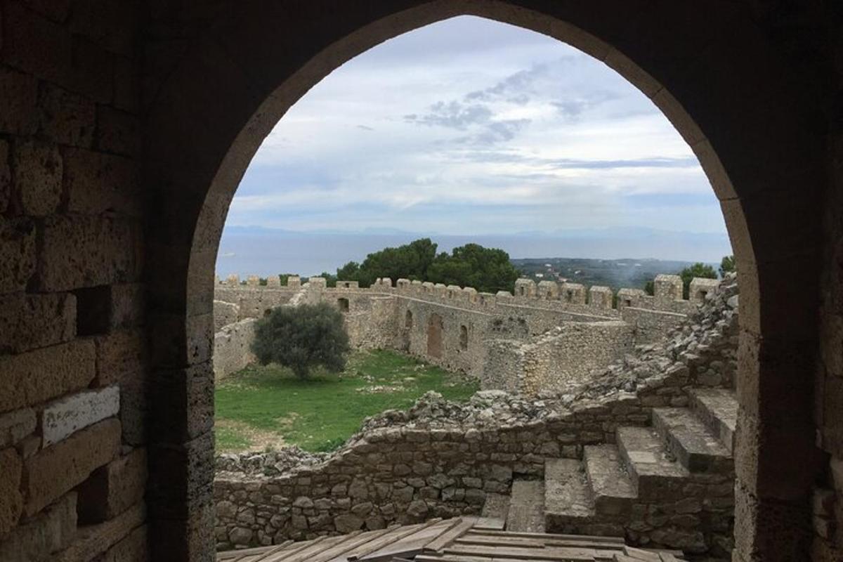 an archway in a building with a view of a castle