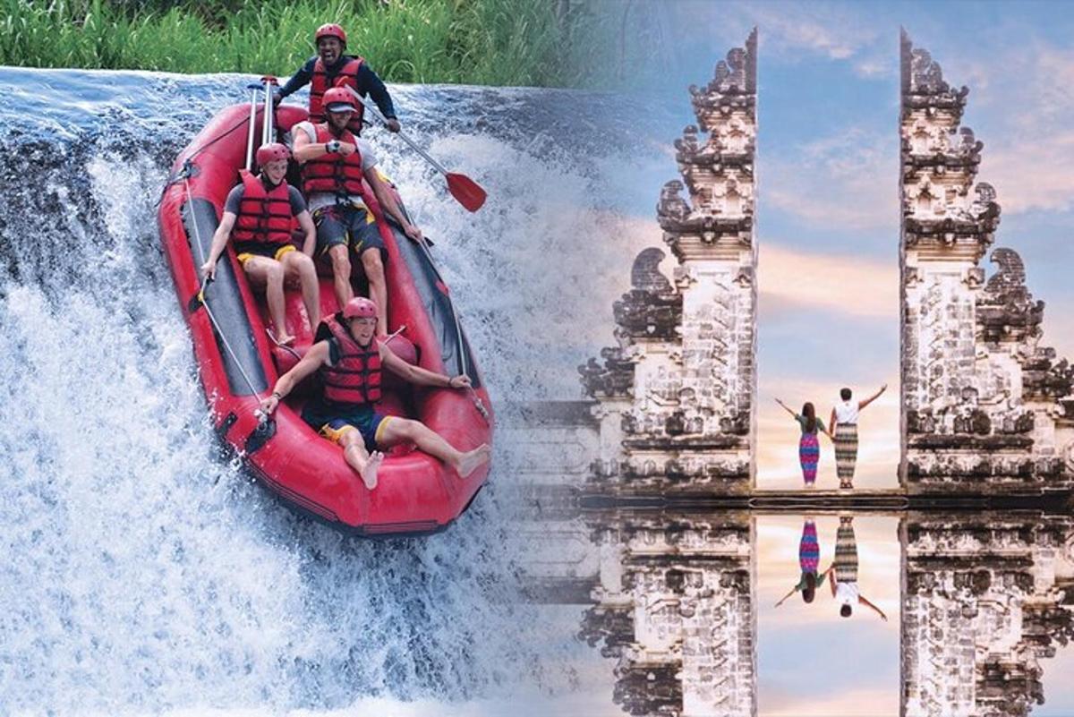 a group of people riding a raft in a waterfall
