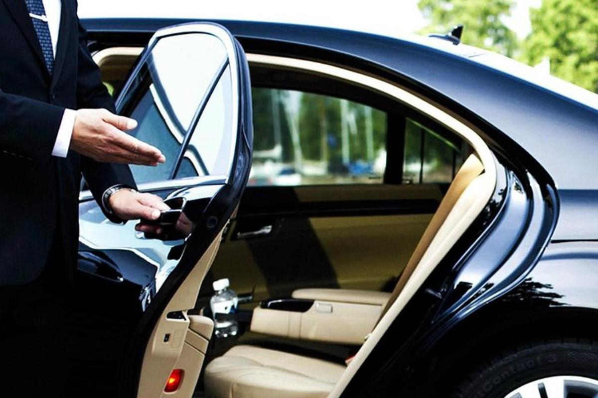 ülikonnas mees istub autosse