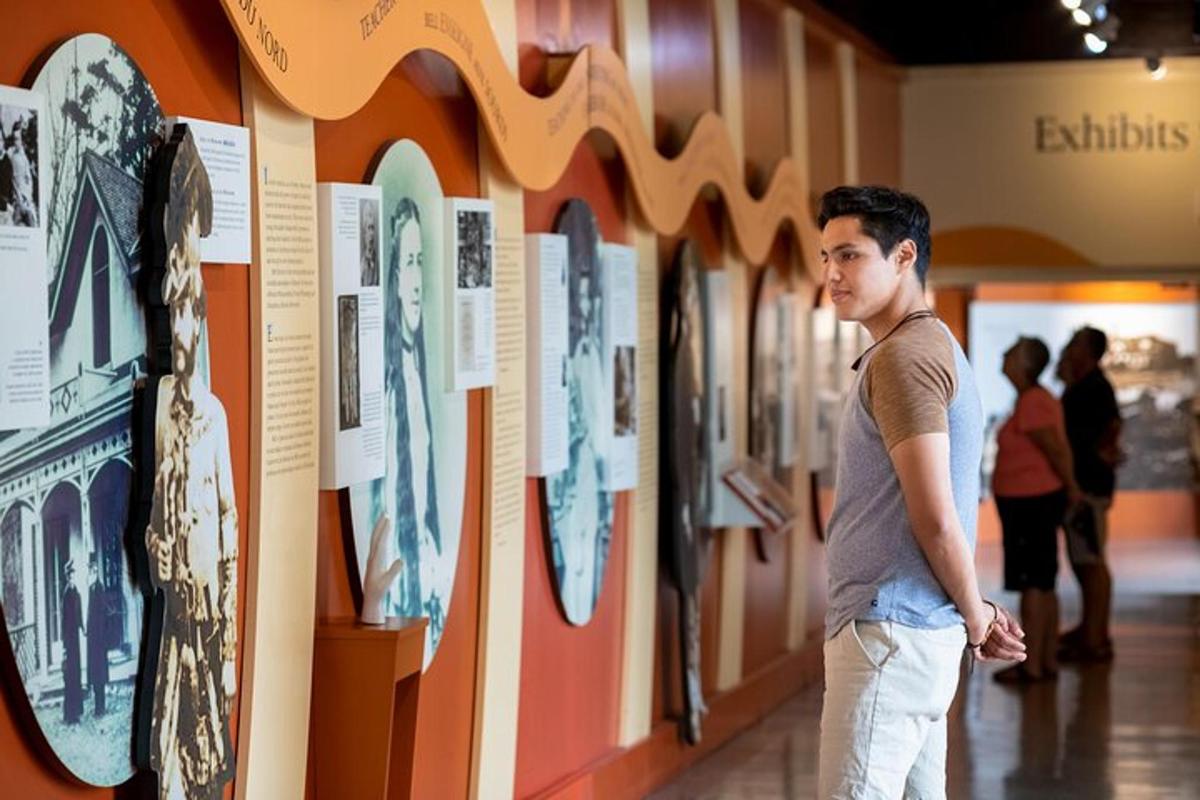 a man looking at a display in a museum