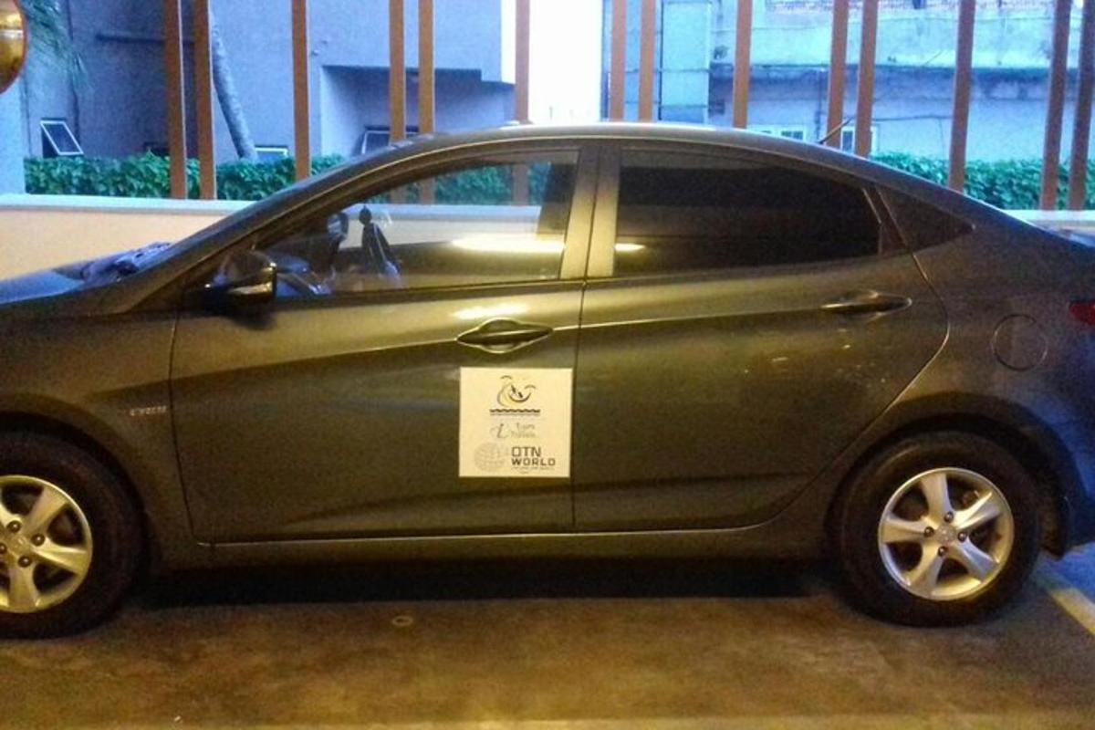 väike roheline auto, millel on uksel kleebis