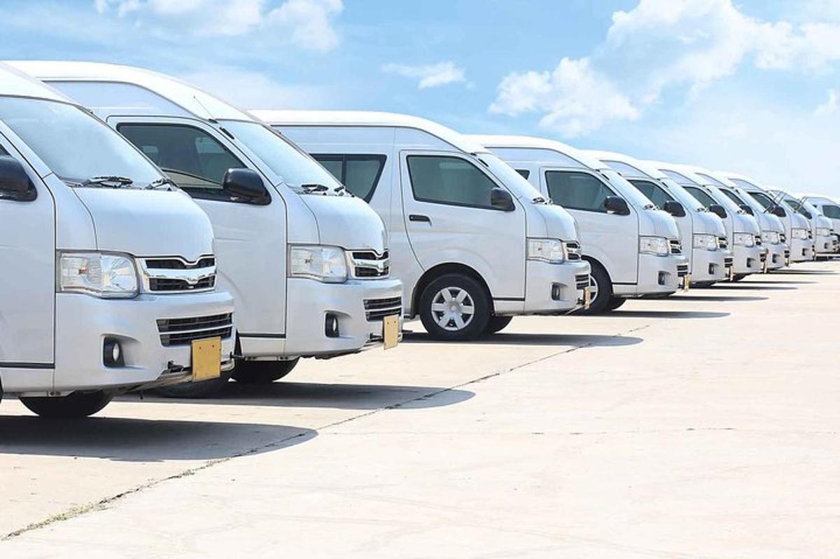 bir otoparkta park edilmiş bir sıra beyaz minibüs