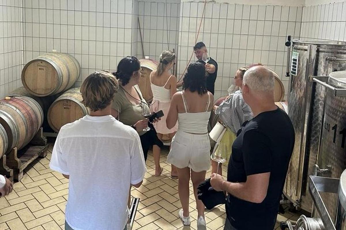 Un grupo de personas de pie en una bodega.