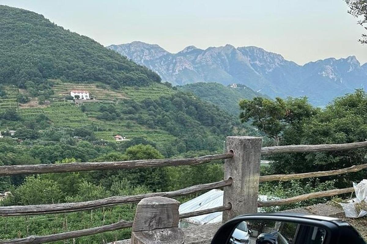 un'auto parcheggiata accanto a una recinzione con le montagne sullo sfondo