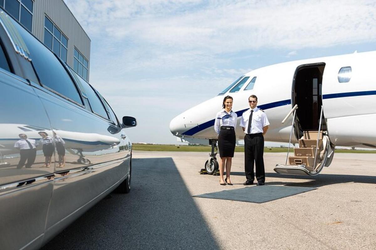 two people standing in front of an airplane