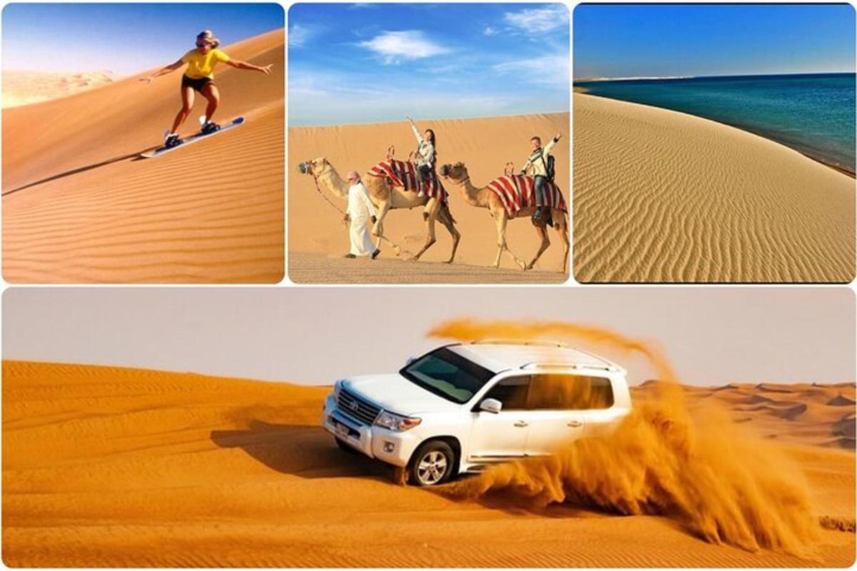 a group of four pictures of a desert with a truck and a camel