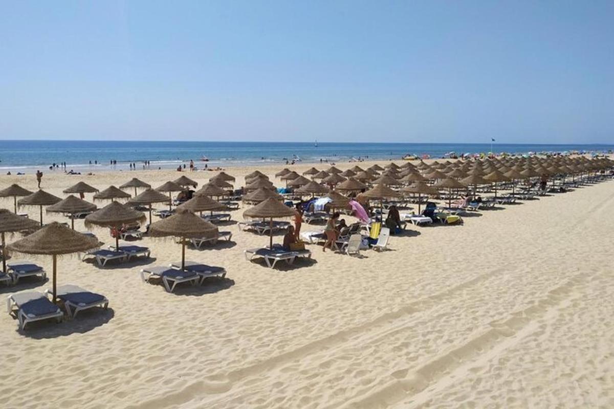 una spiaggia con molte sedie, ombrelloni e gente