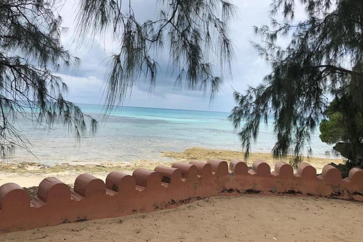 uma cerca vermelha em uma praia com o oceano